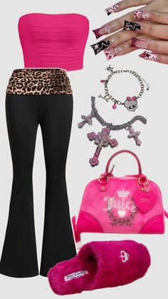 a woman in pink top and black pants with accessories