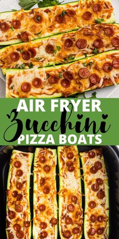 air fryer zucchini pizza boats with cheese and pepperoni