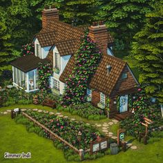 a painting of a house in the middle of a garden with flowers growing on it