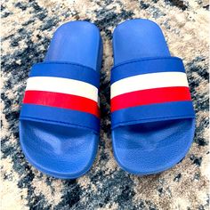 Boy Slipper Trendy Blue Slides For Spring, Light Blue Synthetic Slides With Round Toe, Blue Rubber Sole Slides Slip-on, Trendy Blue Non-slip Sandals, Blue Slip-on Slides With Rubber Sole, Trendy Blue Slide Sandals, Casual Blue Sandals With Rubber Sole, Casual Blue Slide Sandals, Comfortable Blue Slip-on Slides