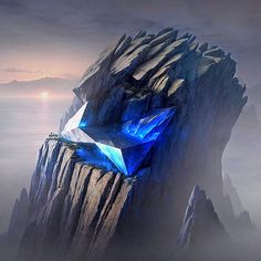 an artistic rendering of a rock formation with blue lights on it