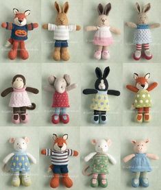 many different stuffed animals are shown in the same photo, each with an individual's own outfit