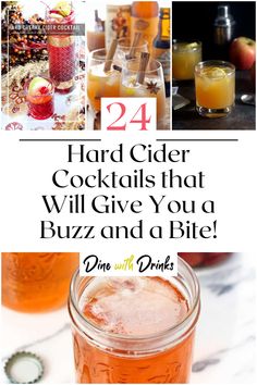 Collage of 4 hard cider cocktails. Strawberry Cider, Hard Cider Recipe, Making Hard Cider, Batch Cocktail Recipe, Spiked Cider, Apple Cider Drink