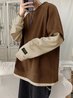 Brown Casual Collar Extra-Long Sleeve Fabric Colorblock Pullovers Embellished Slight Stretch  Men Clothing Oversized Clothes, Men Sweatshirts, Baggy Clothes, Dropped Shoulder Sweatshirt, Color Block Sweatshirt, Style Noir