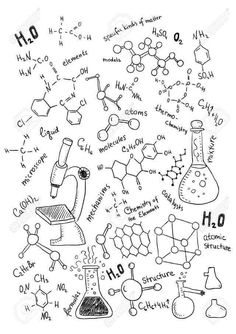 black and white drawing of science related items