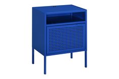 a blue cabinet with an open door on the front and one drawer at the bottom