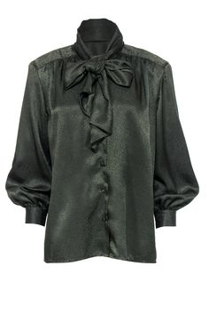 Current Boutique-Doncaster - Army Green Textured Button-Up Blouse w/ Neck Tie Sz 10 Elegant Button-up Party Blouse, Elegant Semi-formal Tie Neck Blouse, Elegant Tie Neck Blouse For Semi-formal Occasions, Elegant Tie Neck Blouse For Semi-formal Events, Elegant Office Blouse With Back Button Closure, Chic Formal Tops With Button Closure, Classic Collared Blouse For Night Out, Elegant Tie Neck Blouse For Work, Elegant Blouse With Back Button Closure For Work