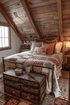 a bed in a room with a wooden ceiling