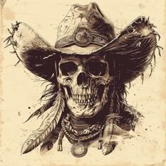 a drawing of a skull wearing a cowboy hat with feathers on it's head