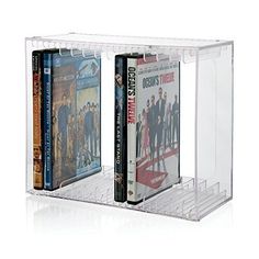 two clear acrylic shelves holding dvd's and movies