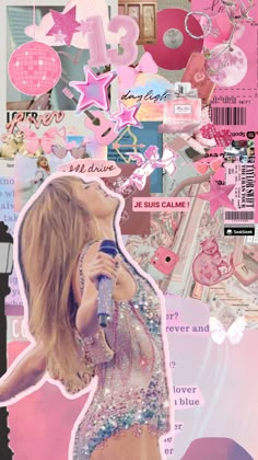 the collage is made up of pink and white paper with images of taylor swift