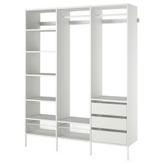 a white closet with shelves and baskets on the bottom shelf, against a white background