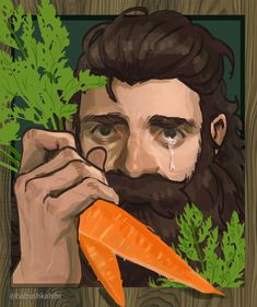 a painting of a bearded man holding a carrot