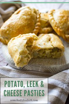 potato, leek and cheese pasties on a plate with the title overlay