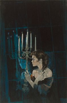 a painting of a woman holding a candelabra