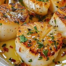 seared scallops with garlic and parsley on a white plate