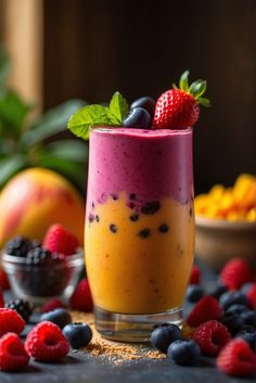 a smoothie with berries and blueberries in it on a table next to other fruits