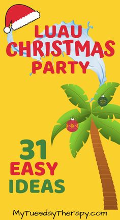 a christmas party flyer with a palm tree and santa hat