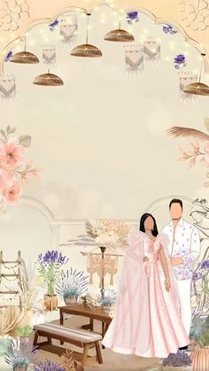 a man and woman standing next to each other in front of a flower filled room