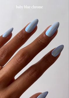 Nail Ideas Blue Design, Baby Blue With Chrome Nails, Blue Frosted Nails, Baby Blue Checkered Nails, Pearlescent Blue Nails, Blue Crome Nails Acrylic Almond, Dusty Blue Chrome Nails, Beach Inspo Nails, Powder Blue Chrome Nails