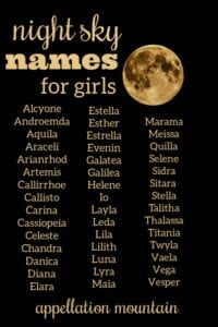 the night sky names for girls are shown in black and gold, with an orange moon behind them