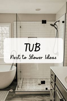 a bath tub sitting next to a white sink in a bathroom under a window with the words, 34 tub next to shower ideas