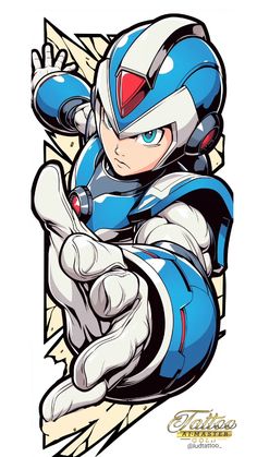 an image of a cartoon character with blue and white armor, pointing at something in the air