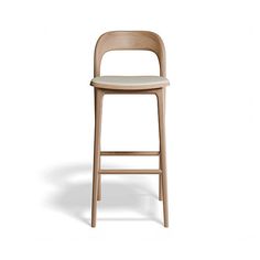 a wooden stool with a white seat and back rest on a white background in front of the chair