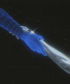 an artist's rendering of a flying object in space with blue lines on it