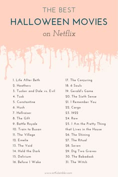 the best halloween movies on netflix list with text overlaying it in pink and white