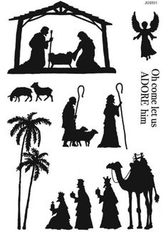 the nativity scene is shown in black and white, with silhouettes of people