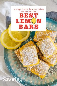 lemon bars on a blue plate with the words best lemon bars over it and two lemons