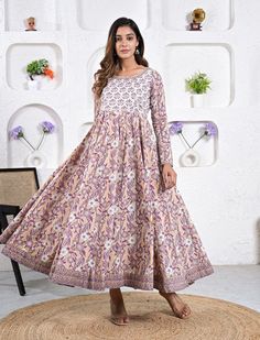 This printed dress is presented to you, A well-known brand in hand block prints from over 9 decades. This exclusively hand stitched dress is made of 100% pure cotton fabric with having printed prints over it. The dress is best suitable for you to showcase your women hood. Wear this at your ease and the fabric is so smooth to skin that you will love it and the attractive prints adds more charm to the same. Material : 100% Cotton Dress Length : 51 Inches Disclaimer : As the fabric is block printed White Anarkali Cotton Dress, White Cotton Anarkali Dress, Beige Cotton Dress With Chikankari Embroidery, Cotton Floral Print Dresses, White Anarkali Cotton Maxi Dress, White Cotton Maxi Dress With Floral Print, Maxi Length Cotton Kurta With Printed Motifs, Multicolor Cotton Maxi Dress With Floral Print, Cotton Maxi Dress With Chikankari Embroidery