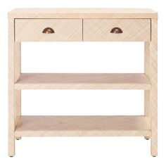 a wooden shelf with two drawers on one side and an open drawer on the other