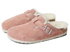 Birkenstock Boston Shearling - Clog Shoes : Pink Clay/Natural Suede/Shearling : The Boston Suede from Birkenstock is a classic clog that will add style and comfort to your wardrobe. Soft premium suede upper with a matching adjustable strap for a perfect fit. Anatomically correct cork footbed, crafted from cork that is 100% renewable and sustainable, encourages foot health. The shearling lined, contoured footbed will mold to the shape of your foot creating a custom footbed that supports and cradl Birkenstock Boston Pink Clay, Birkinsoks Clogs, Pink Boston Birkenstocks, Burken Stocks, Pink Birkenstocks, Style Inspiration Minimalist, Birkenstock Shearling, Pink Clogs, Boston Shearling