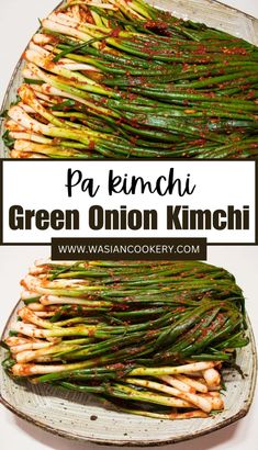 grilled green onion kimchi on a platter with text overlay that reads pa kinchi green onion kimchi