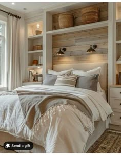 a bedroom with built in shelving and bedding, along with baskets on the wall