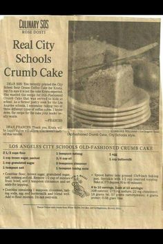 a newspaper clipping with an article about crumb cake