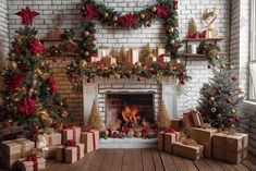 a fireplace decorated for christmas with presents around it