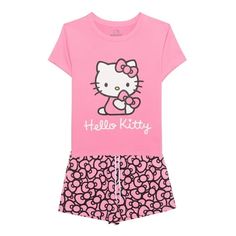 Calling all Hello Kitty Fans fans! Pick up this cute T-shirt and Short Loungewear set featuring Hello Kitty graphic print on bottom and Tee. Relaxed fit in a soft jersey fabric with contrast drawstring on shorts. Cute graphic details with all over print on short. Perfect set to lounge around the house, relax and watch your favorite show. Size: 3X.  Color: Pink.  Gender: female.  Age Group: adult. Kuromi Clothes, Hello Kitty Shirt, Hello Kitty T Shirt, Short Loungewear, Pink Hello Kitty, Shorts Cute, Loungewear Set, Cute Tshirts, Short Set