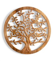 a wooden circular wall hanging with a tree on the center and leaves in the middle