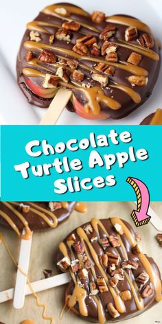 chocolate turtle apple slices with caramel drizzle on top