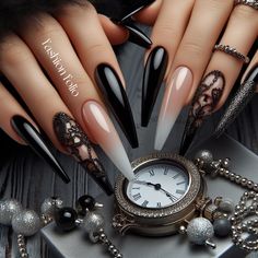 Black Christmas Nails Stiletto, Black And Gold Classy Nails, Long Almond Nail Ideas, Neutral And Black Nails, Black Cateye Nails, Dark Wedding Nails, Emo Nail Art, Blue Stiletto Nails, Best Summer Nails