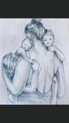 a drawing of two people hugging each other with one woman holding the child in her arms