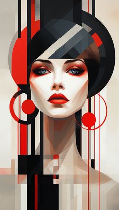 a digital painting of a woman's face with red and black circles around her