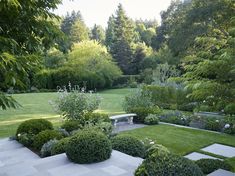 a garden with lots of green grass and bushes