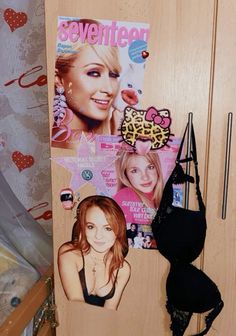 a wooden door with pictures and bras on it