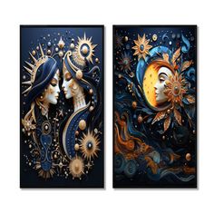 two paintings with sun and moon faces on the same panel, one is blue and gold