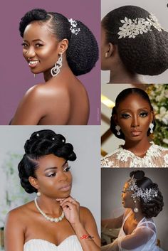 four different styles of wedding hairs and hair accessories for the brides to wear on their big day