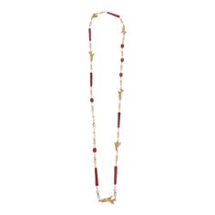 Gold plated long necklace with red stones, corals and pearls   Measurements: 42" x 3/4" Gray Beaded Necklace, Brown Beaded Necklace, White Beaded Necklaces, Contemporary Necklace, Green Beaded Necklace, Red Stones, Blue Beaded Necklace, Citrine Beads, Crystal Bead Necklace